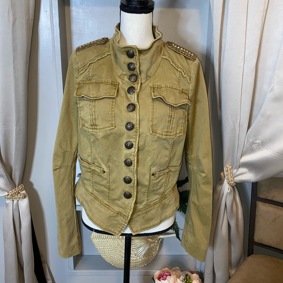 Free People Jackets & Blazers - Free People Military Jacket Shrunken Officer Embellished size Large Army Green